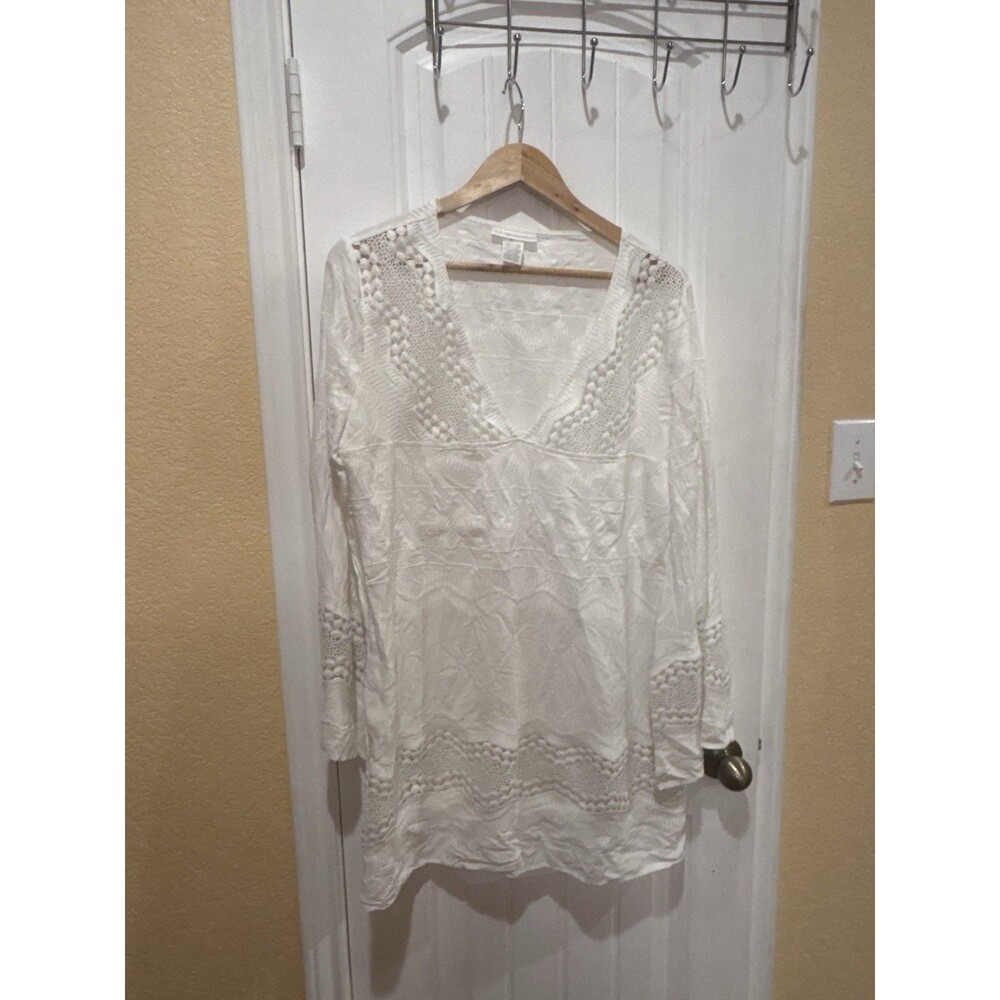La Blanca White Embroidered Tunic Dress Beach Coverup, Long Sleeve Large - Picture 4 of 13